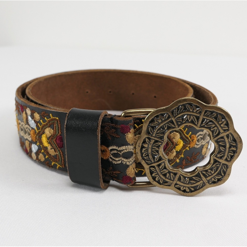 Lucky Brand Womens S Brown Leather Embroidered Boho Belt Bronze Buckle 29 31 33